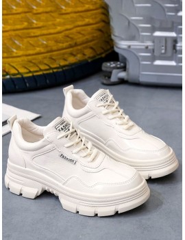 Plain Faux Leather Chunky Heel Skate Shoes - Apricot Eu 38