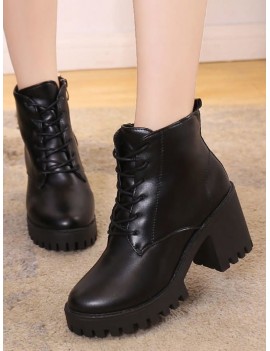 Solid Mid Heel Platform Short Boots - Black Eu 36