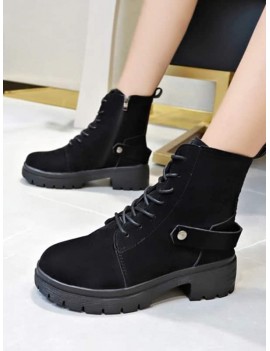 Solid Color Chunky Heel Short Boots - Black Eu 39
