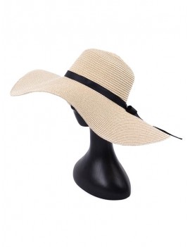 Bowknot Decorate Solid Straw Sun Floppy Hat - Beige