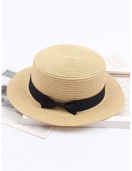 Bowknot Flat Straw Sun Hat - Cornsilk