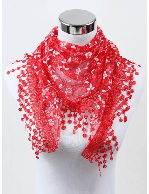Fringe Lace Flower Triangle Scarf - Red