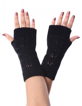 Hollow Braid Fingerless Knitted Gloves - Black