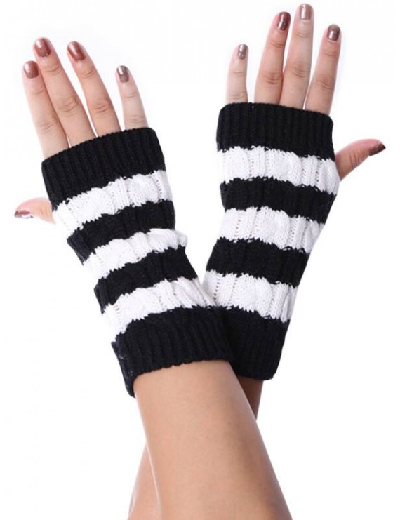 Striped Fingerless Braid Knitted Gloves - Black