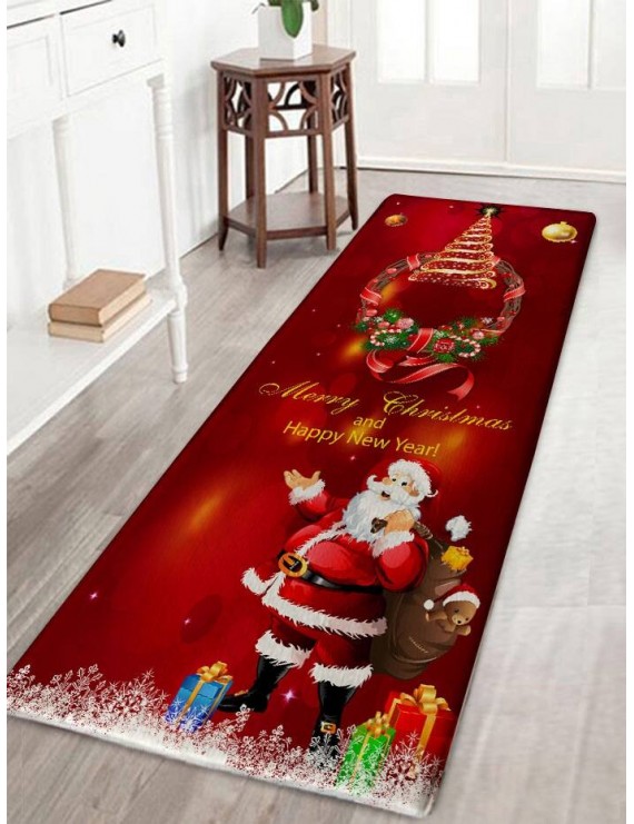 Christmas Wreath Santa Claus Print Flannel Bath Rug - Dark Red W16 Inch * L47 Inch