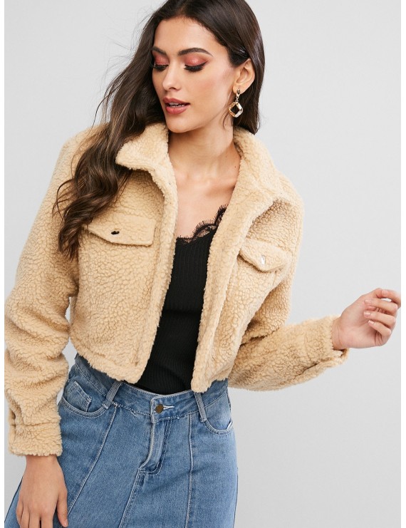  Snap Button Teddy Cropped Jacket - Tan S