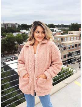  X Yasmine Bateman Pocket Zipper Drop Shoulder Fluffy Teddy Coat - Pink S