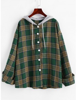 Hooded Button Down Contrast Plaid Top - Deep Green