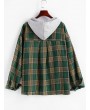 Hooded Button Down Contrast Plaid Top - Deep Green