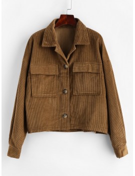  Flap Pockets Button Up Corduroy Shirt Jacket - Brown M
