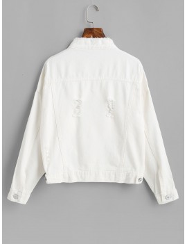 Frayed Ripped Pocket Denim Jacket - White M