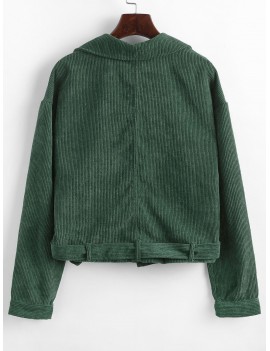 Button Up Pockets Belted Corduroy Jacket - Green M