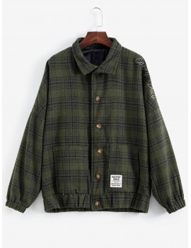 Letter Embroiderd Plaid Drop Shoulder Coat - Army Green Xl