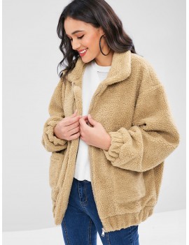 Fluffy Zip Up Winter Teddy Coat - Camel Brown M