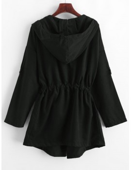 Solid Color Drawstring Hooded Coat - Black S