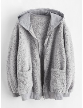  Hooded Fluffy Zip Up Teddy Coat - Gray M