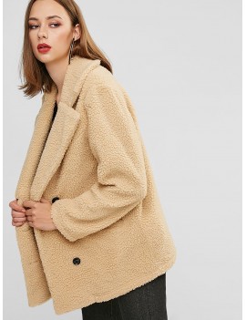  Pocket Double Breasted Fluffy Teddy Coat - Apricot M