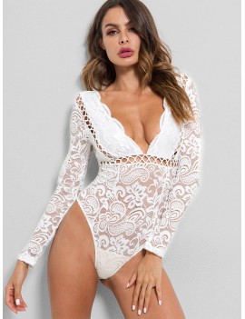 Hollow Out See Through Lace Bodysuit - White S