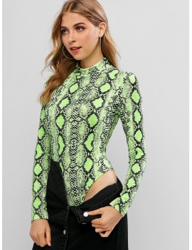 Mock Neck Neon Snake Print Bodysuit - Tea Green S