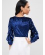 Faux Pearl Ruched Sleeve Velvet Bodysuit - Blue S