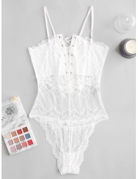Lace Scalloped Lingerie Lace Up Teddy - White S