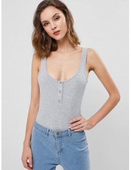  Ribbed Snape Button Backless Tank Bodysuit - Gray Cloud S