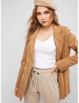 Flap Pockets Lapel Double Breasted Blazer - Camel Brown M