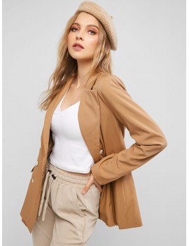 Flap Pockets Lapel Double Breasted Blazer - Camel Brown M