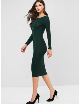  Mock Button Ribbed Off Shoulder Bodycon Dress - Deep Green S