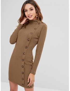  High Neck Buttoned Short Knit Dress - Dark Khaki Xl