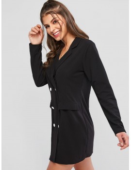  Faux Pockets Double Breasted Mini Work Dress - Black Xl