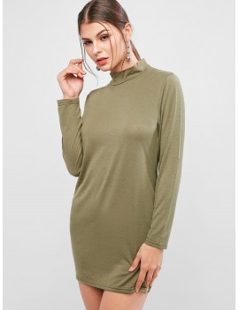 Basic Mock Neck Long Sleeve Bodycon Dress - Camouflage Green S