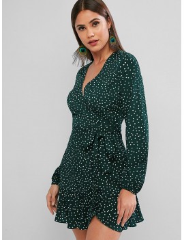  Long Sleeve Dotted Belted Mini Dress - Medium Sea Green M