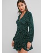  Long Sleeve Dotted Belted Mini Dress - Medium Sea Green M