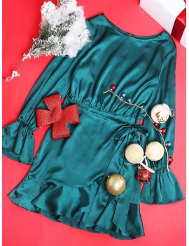  Christmas Overlap Ruffles Tie Waist Long Sleeve Dress - Deep Green Xl