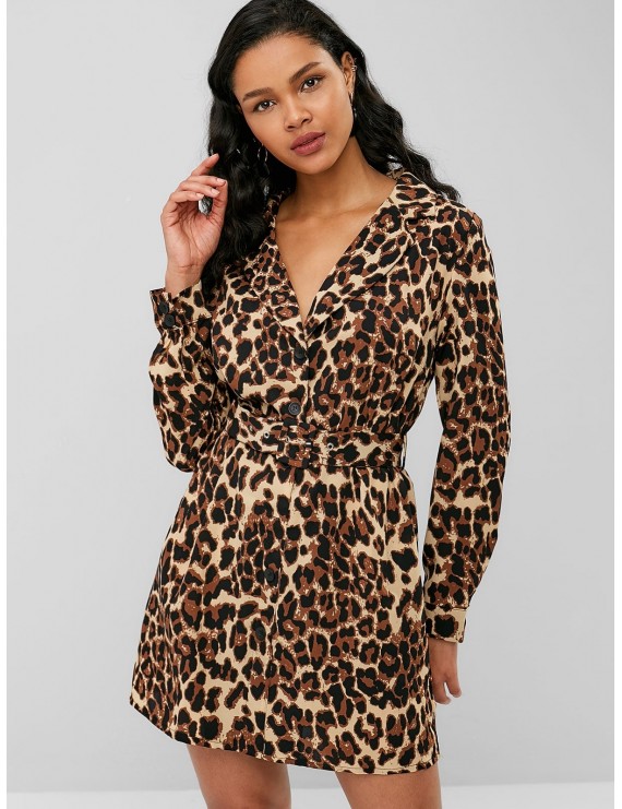  Leopard Belted Long Sleeve Dress - Leopard M