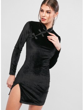 Mandarin Collar Velvet Slit Bodycon Dress - Black M