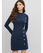 High Neck Mock Button Ribbed Knit Dress - Midnight Blue Xl