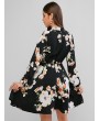  Long Sleeve Floral Bow Tie Mini Dress - Multi-a S