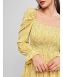  Tiny Flower Poet Sleeve Shirred A Line Dress - Corn Yellow S