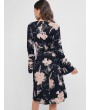 Layered Flare Sleeve Floral Surplice Dress - Black Xl