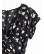 Plunging Neck Floral Ruffles Dress - Black S