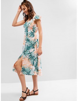  Leaf Print Ruffled Slit Plunge Midi Dress - Multi L