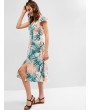  Leaf Print Ruffled Slit Plunge Midi Dress - Multi L