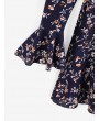 Drawstring Ditsy Floral Flare Sleeve Surplice Dress - Cadetblue L