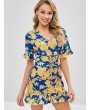 Floral Lace Up Ruffles Mini Dress - Multi L