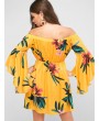  Floral Flare Sleeve Off The Shoulder Dress - Goldenrod L