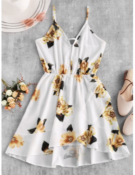 Flower Print Cut Out Asymmetric Cami Dress - White M