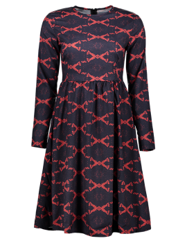 Argyle Fit And Flare Long Sleeve Dress - Red S