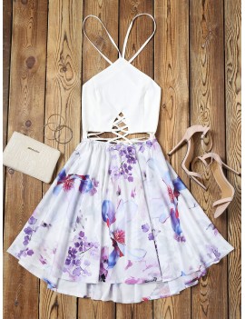 Criss Cross Backless Floral Flare Dress - Floral M